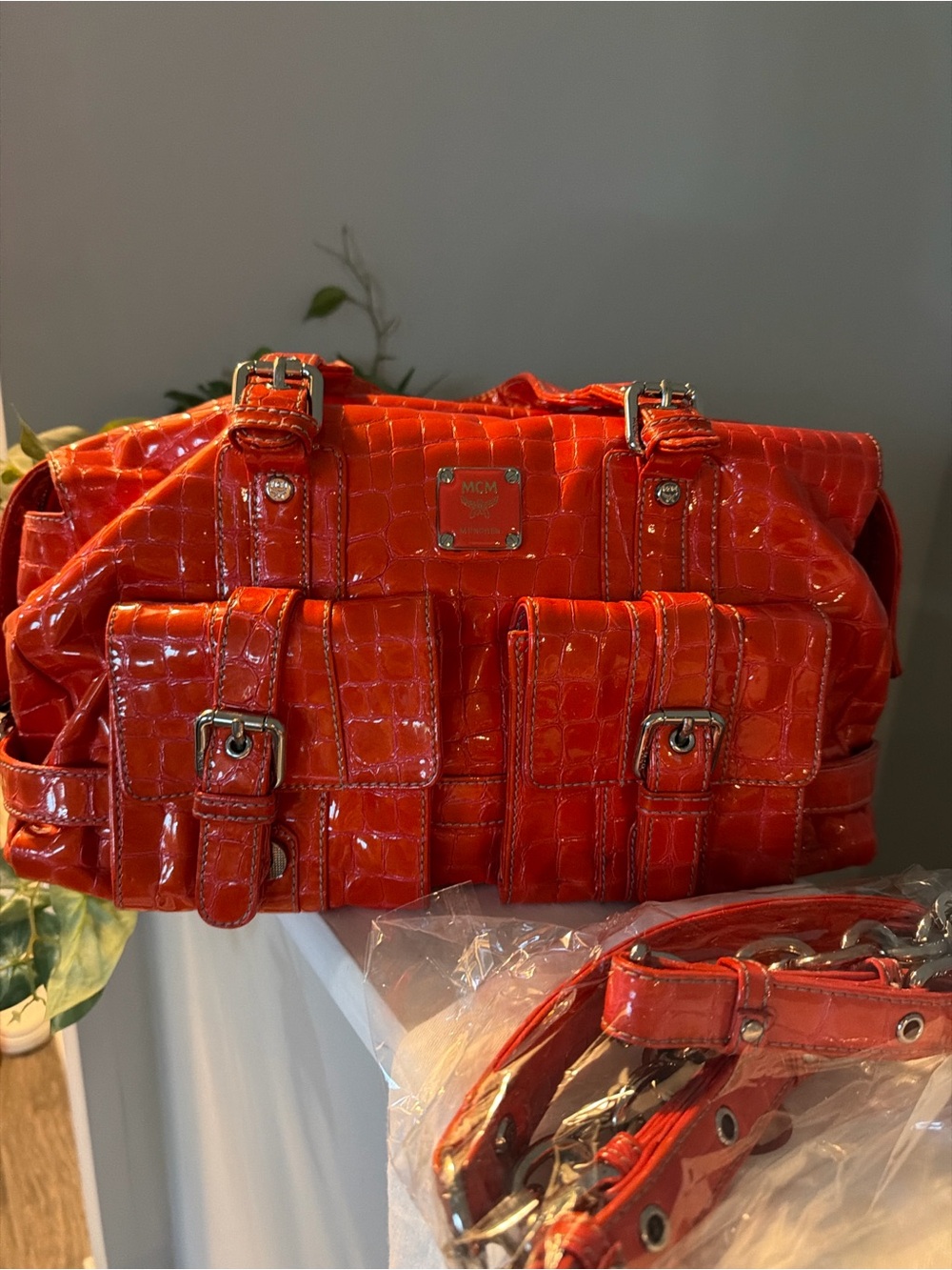 MCM Glossy Orange Croc-Embossed Satchel with Front Pockets